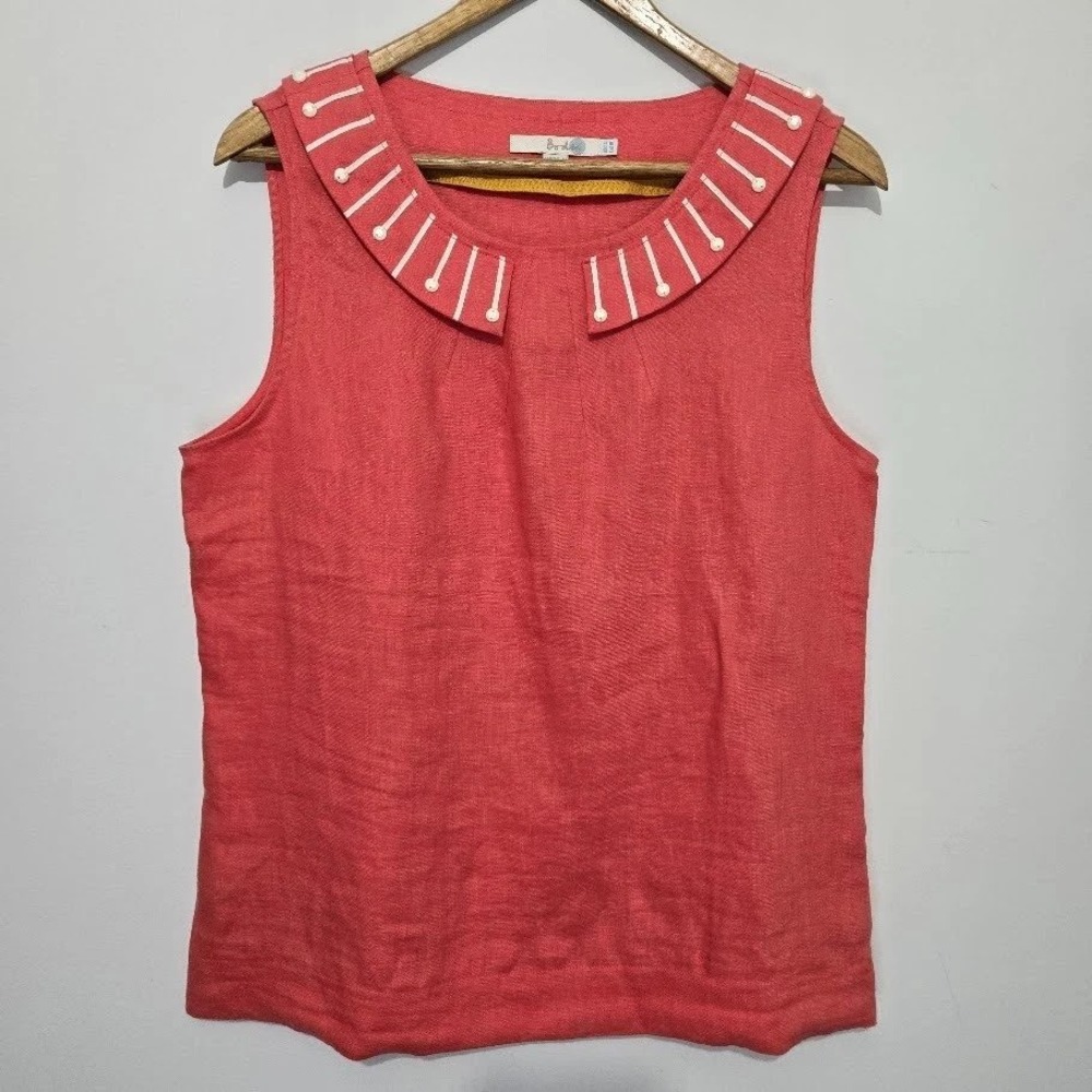 Boden Coral Pink Linen Sleeveless Peter Pan Collar Blouse US 6 UK 10‎